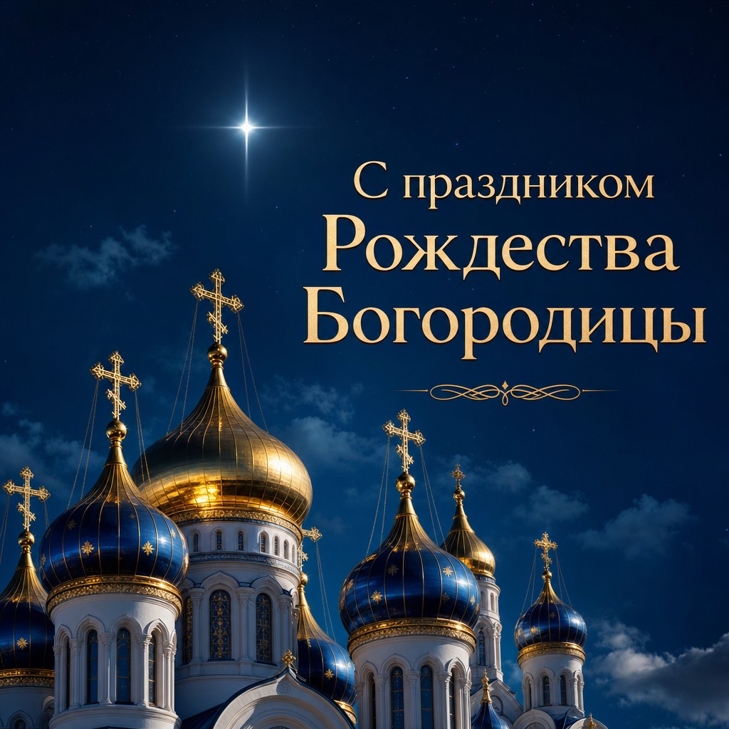 Ночная открытка к Рождеству Пресвятой Богородицы со звездой и храмовыми куполами.