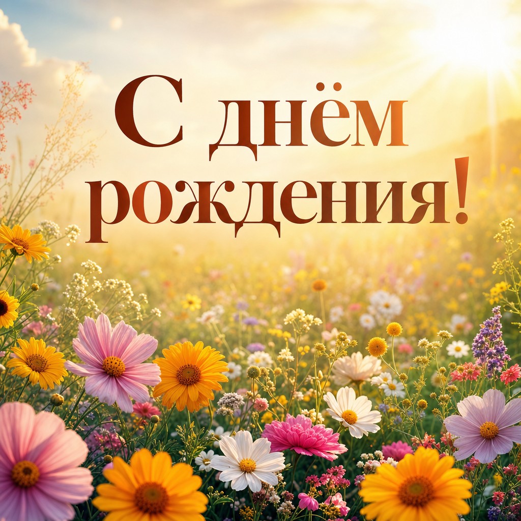 Открытка с солнечными цветами для поздравления с Днем Рождения.