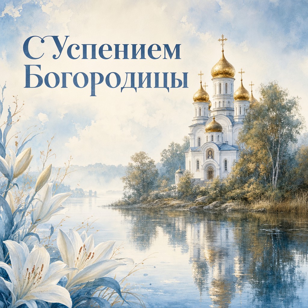 Спокойная акварельная открытка к Успению Пресвятой Богородицы с храмом у тихой воды.
