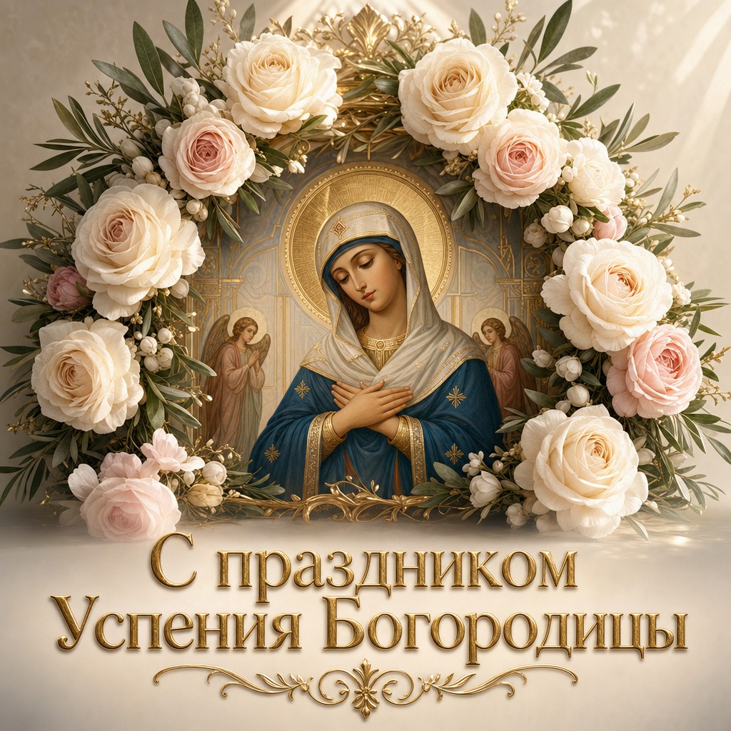 Праздничная открытка к Успению Пресвятой Богородицы с иконой, розами и золотыми акцентами.