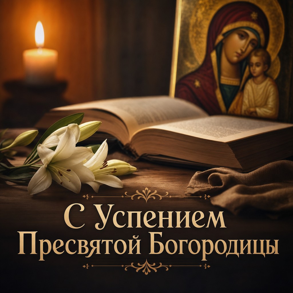 Душевная открытка к Успению Пресвятой Богородицы с молитвословом, деревянным столом и свечой.