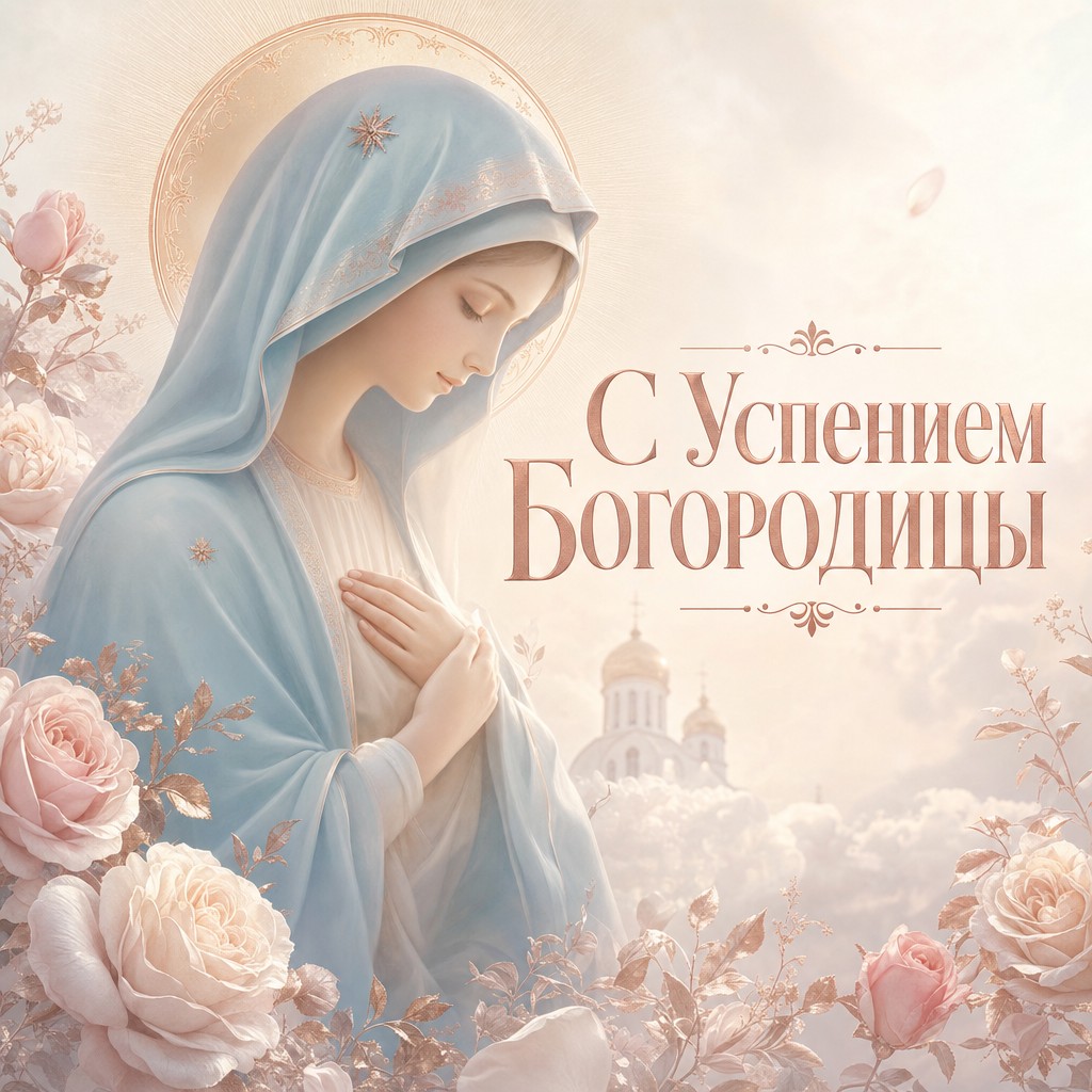 Пастельная открытка к Успению Пресвятой Богородицы с нежным образом Богородицы и мягким сиянием.