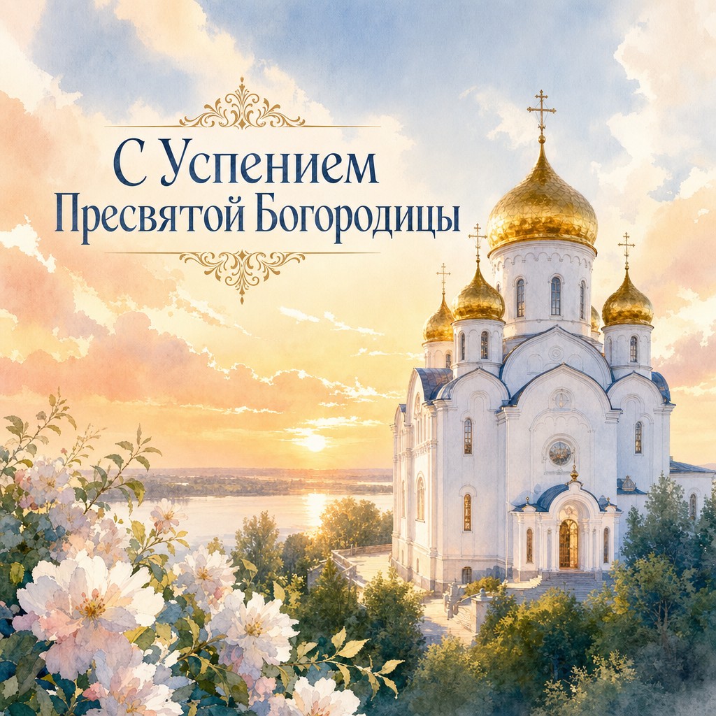 Светлая акварельная открытка к Успению Пресвятой Богородицы с белым храмом и золотыми куполами.