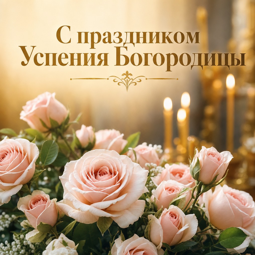 Элегантная открытка к Успению Пресвятой Богородицы с нежными розами и свечным светом.