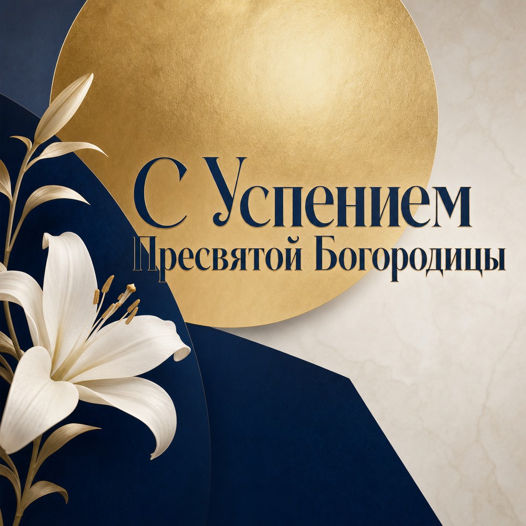 Современная открытка к Успению Пресвятой Богородицы с матовым золотым нимбом и синей геометрией.