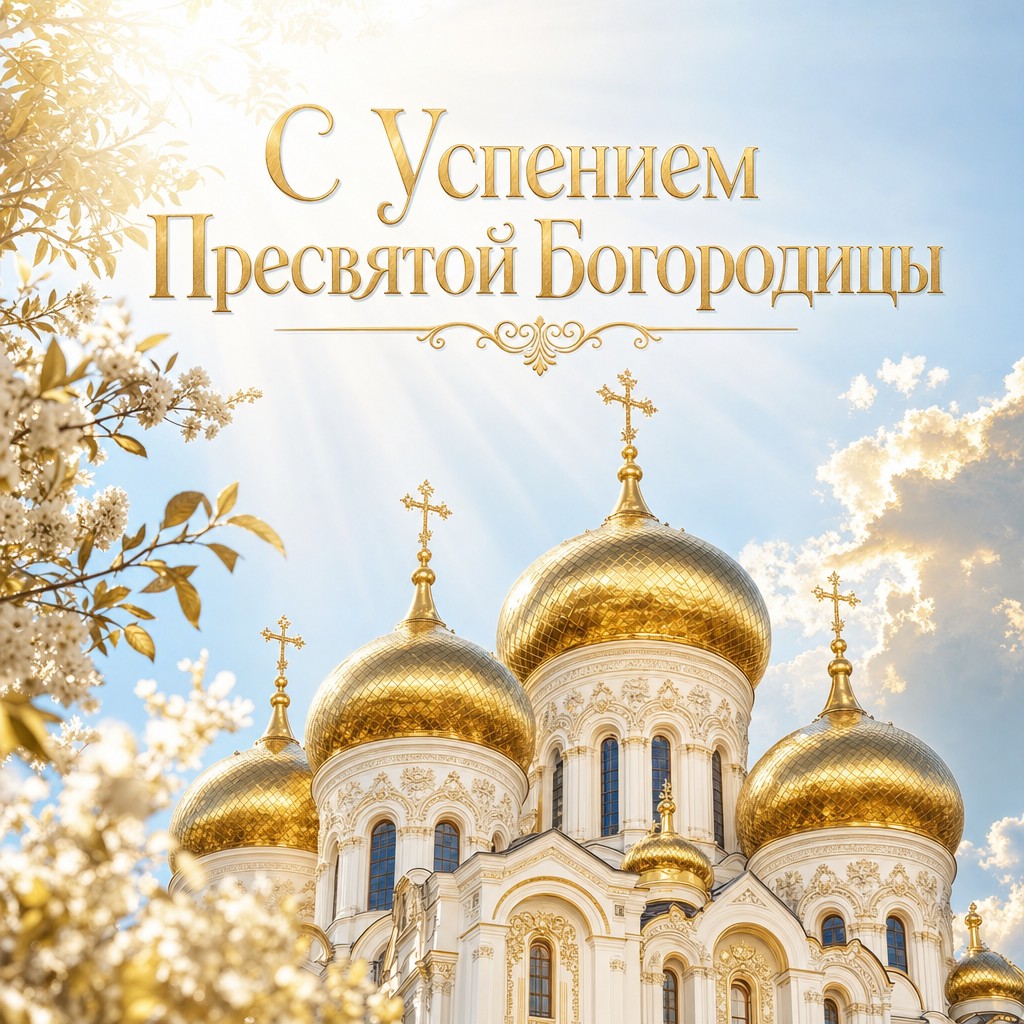 Премиальная открытка к Успению Пресвятой Богородицы с золотыми куполами и сияющим небом.