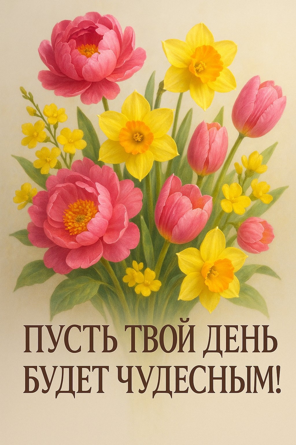 Яркая открытка с весенним букетом для весёлого дня.
