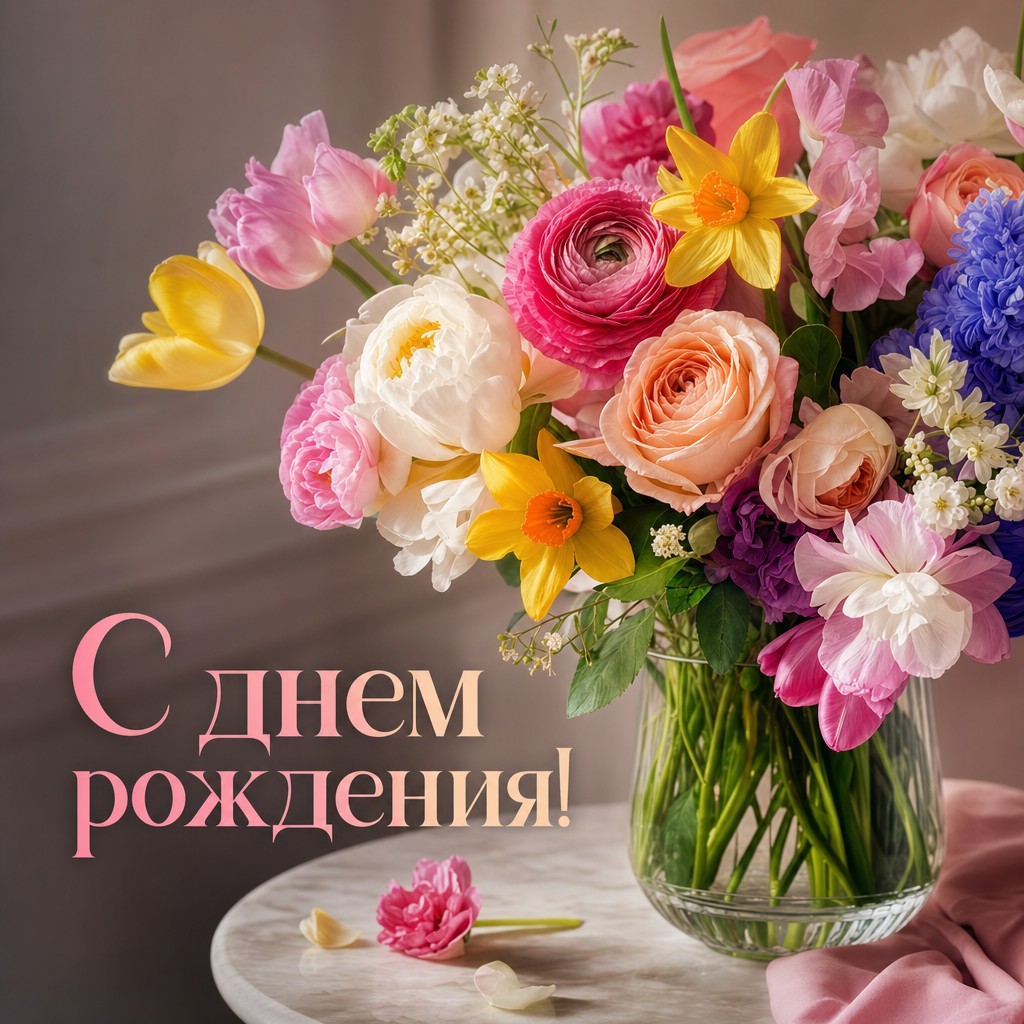 Элегантная открытка с весенними цветами для поздравления с Днем Рождения.