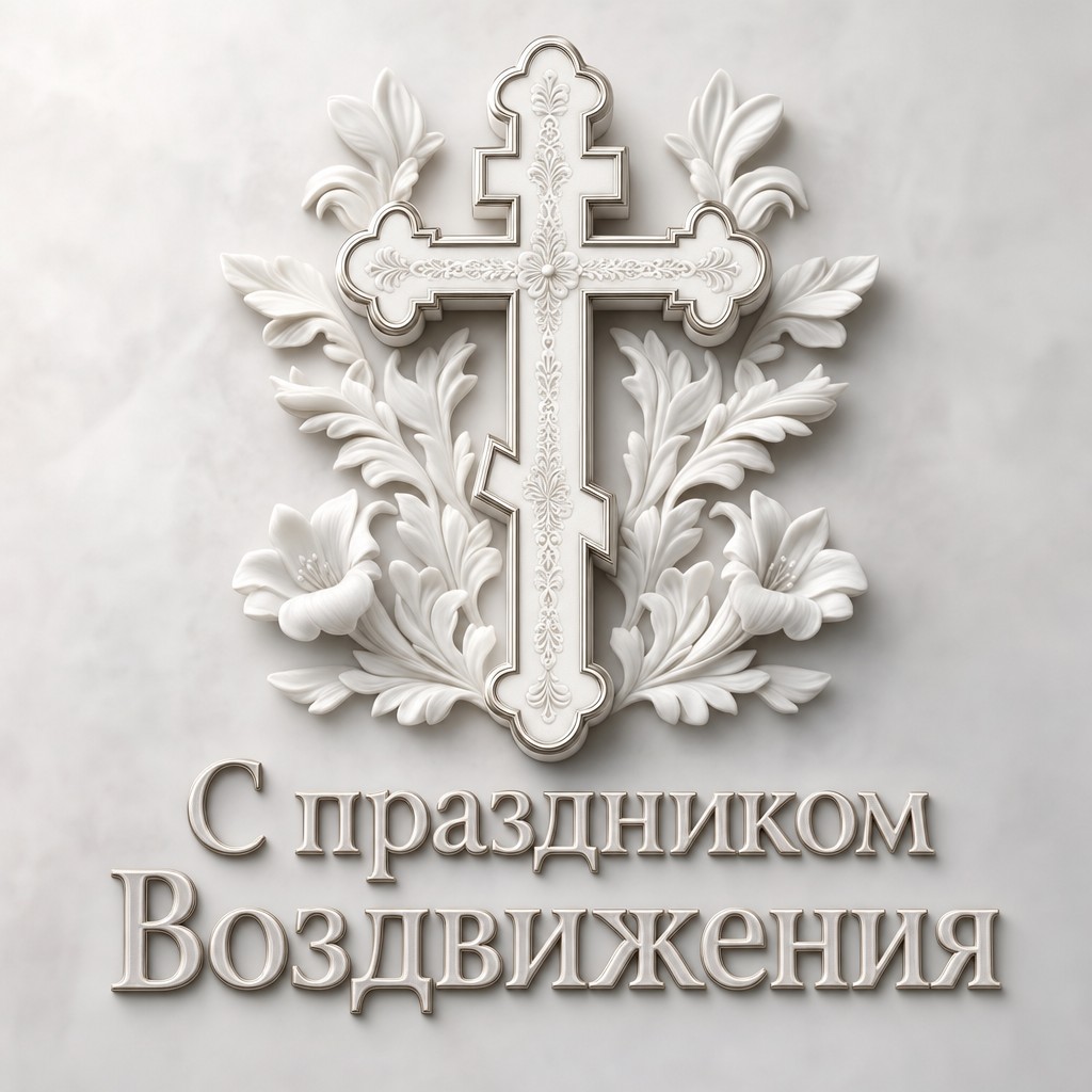 Лаконичная открытка к Воздвижению Креста Господня с белым рельефным крестом в премиальном стиле.