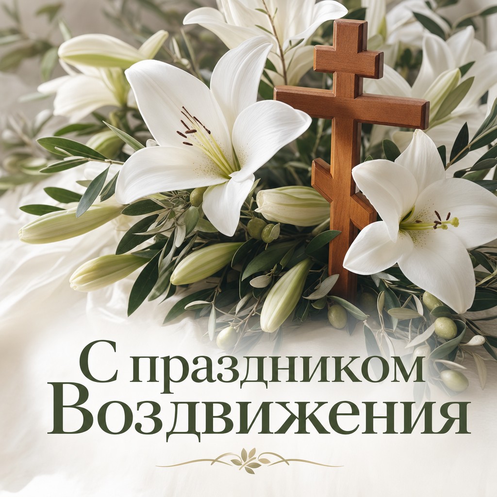 Нежная православная открытка с деревянным крестом и белыми лилиями к празднику Воздвижения.