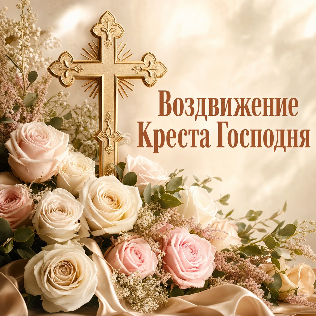 Элегантная открытка к Воздвижению Креста Господня с золотым крестом и нежными розами.