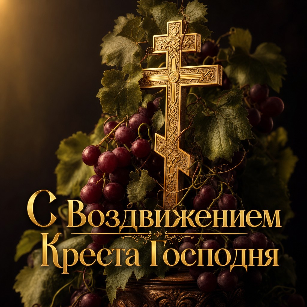 Символичная открытка к Воздвижению Креста Господня с золотым крестом и виноградной лозой.