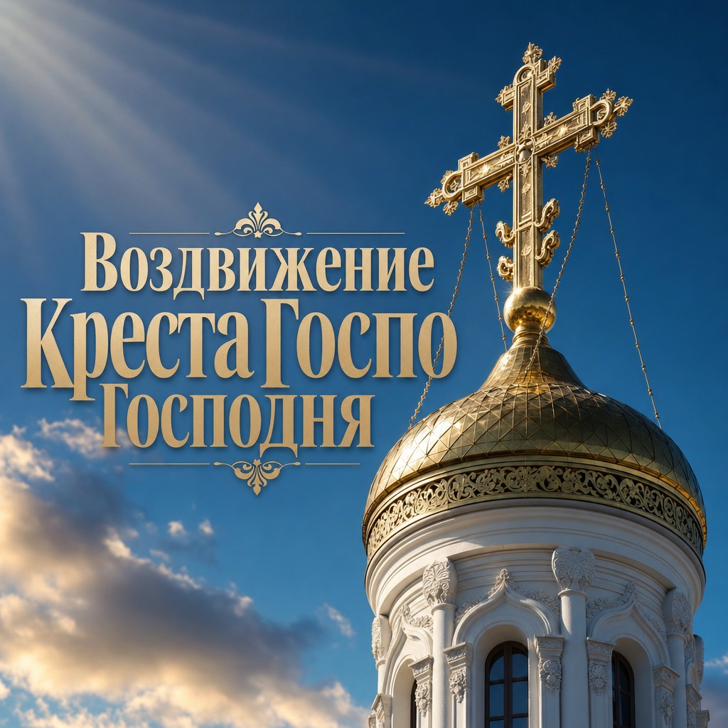 Светлая открытка к Воздвижению Креста Господня с золотым крестом на церковном куполе.