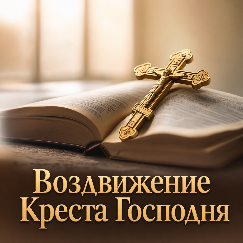 Тёплая православная открытка к Воздвижению Креста Господня с крестом на раскрытой Библии.