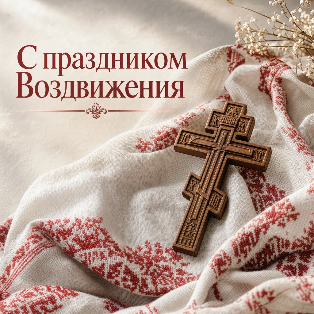 Праздничная открытка к Воздвижению Креста Господня с крестом на вышитом рушнике.