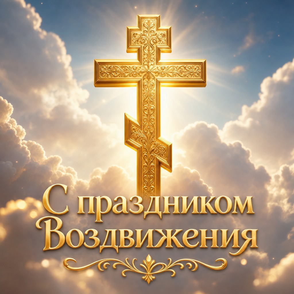Светлая 3D-открытка к Воздвижению Креста Господня с золотым крестом среди облаков.