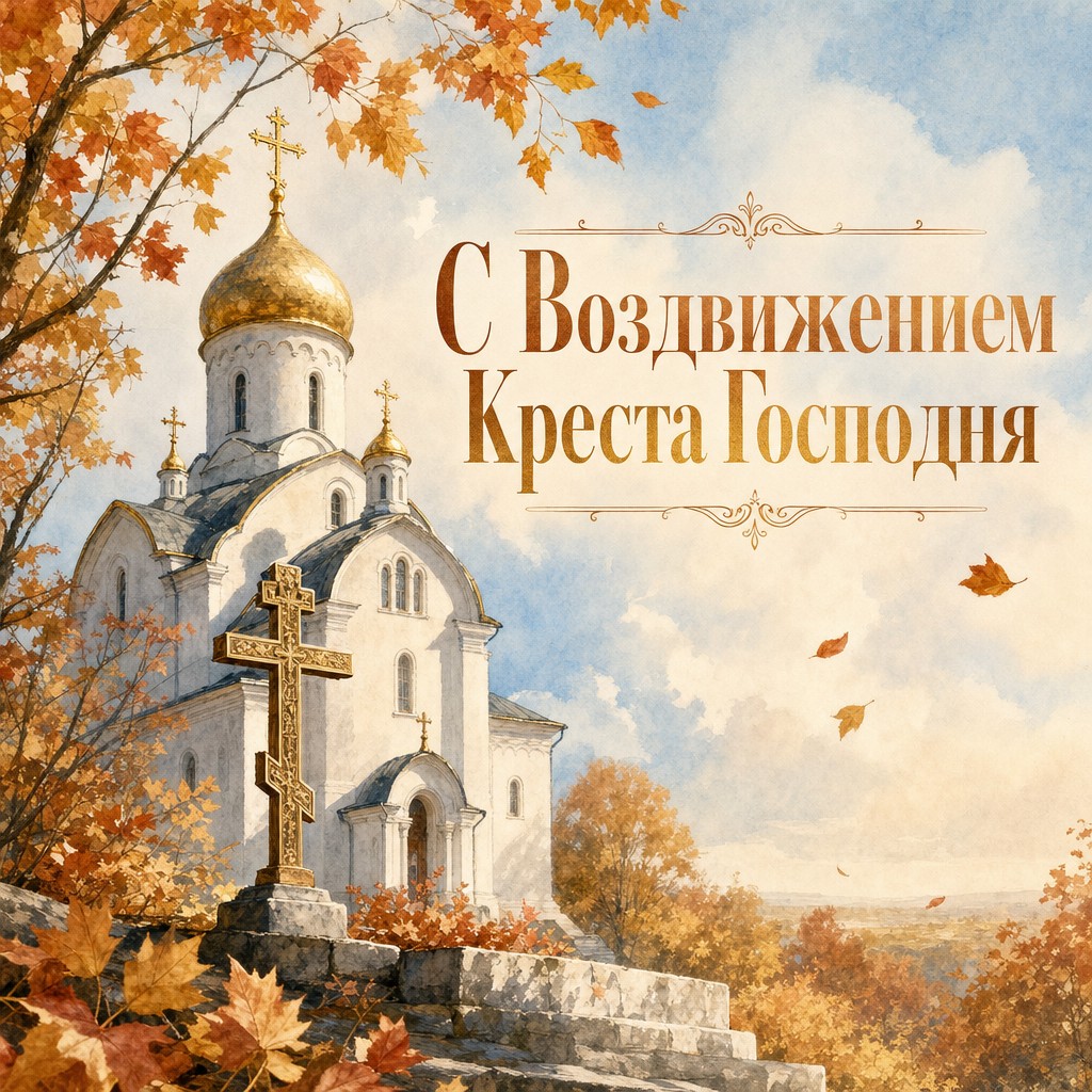 Тёплая акварельная открытка к Воздвижению Креста Господня с храмом и осенними листьями.