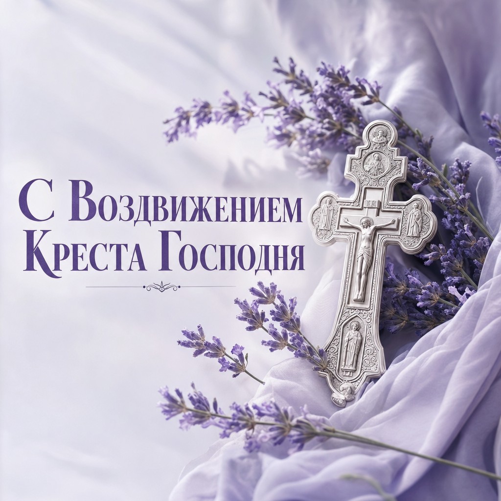Пастельная открытка к Воздвижению Креста Господня с серебряным крестом и лавандой.