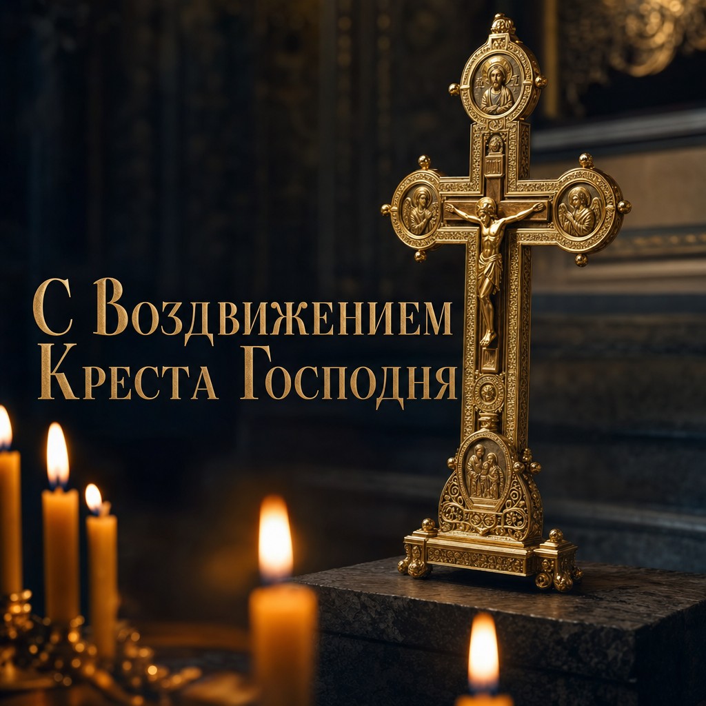 Премиальная открытка к Воздвижению Креста Господня с золотым крестом и свечами в тёплом свете.