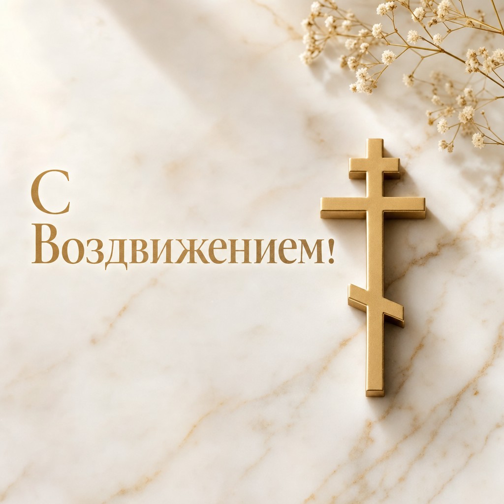 Элегантная открытка к Воздвижению Креста Господня с матовым золотым крестом на мраморе.