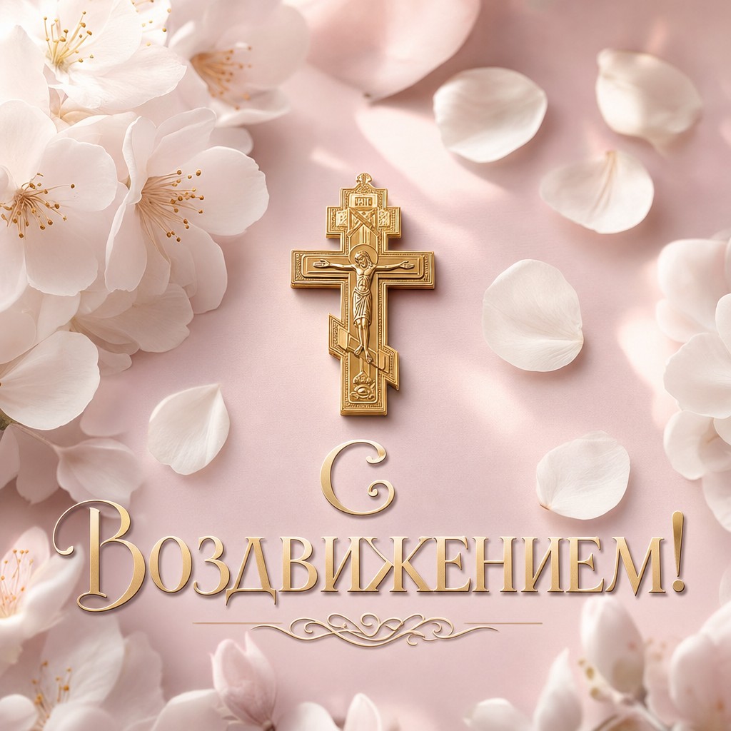 Нежная пастельная открытка к Воздвижению Креста Господня с золотым крестом и лепестками.