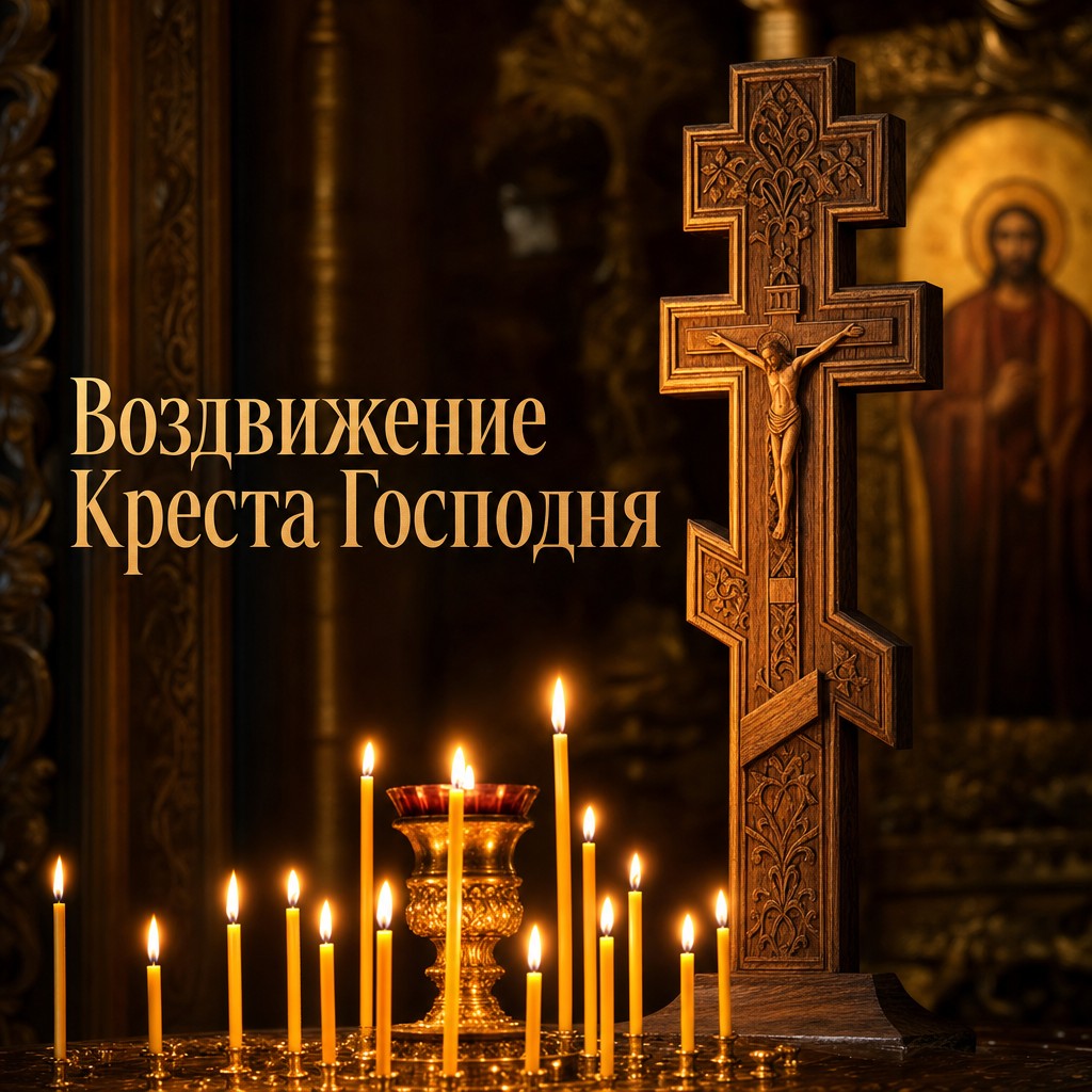 Атмосферная открытка к Воздвижению Креста Господня со свечами и резным крестом в храме.