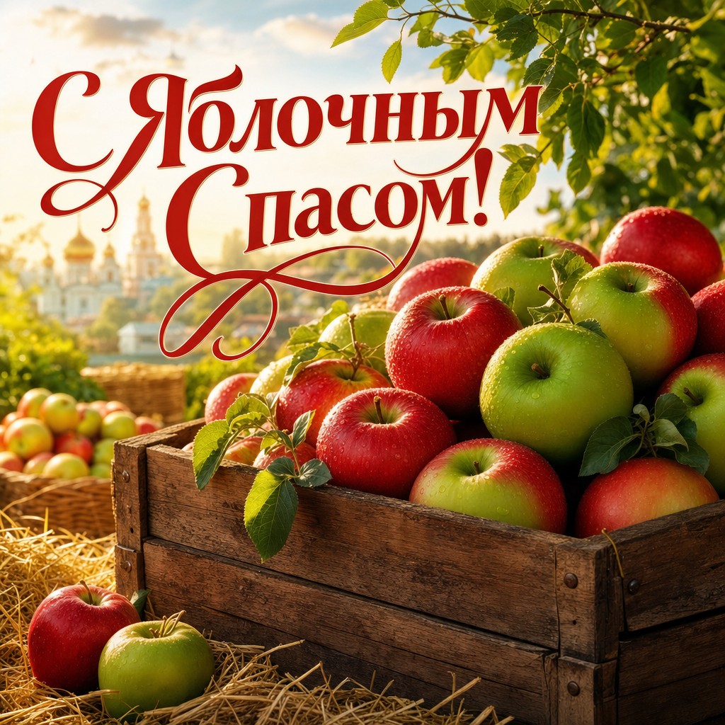 Яркая открытка с ящиком спелых яблок и летним настроением к Яблочному Спасу.