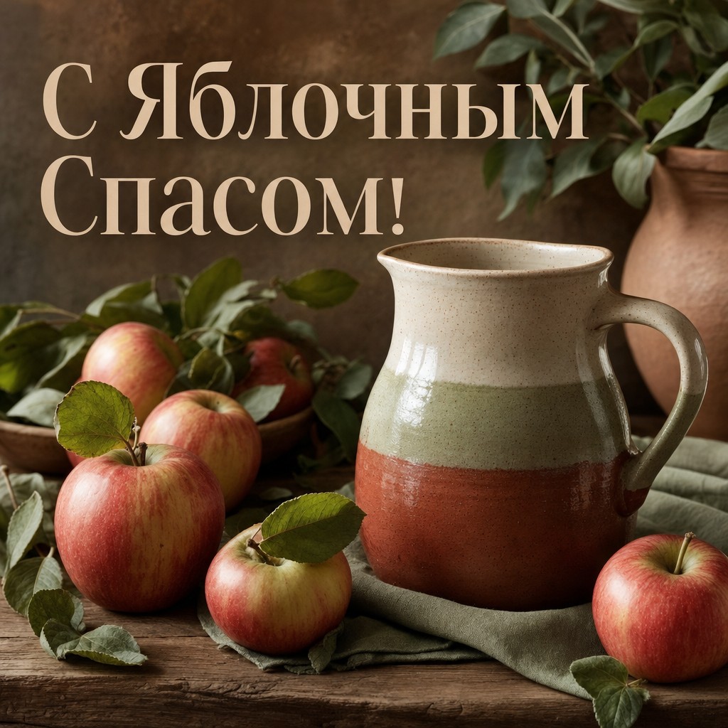 Тёплая открытка с керамическим кувшином и яблоками к празднику Яблочного Спаса.