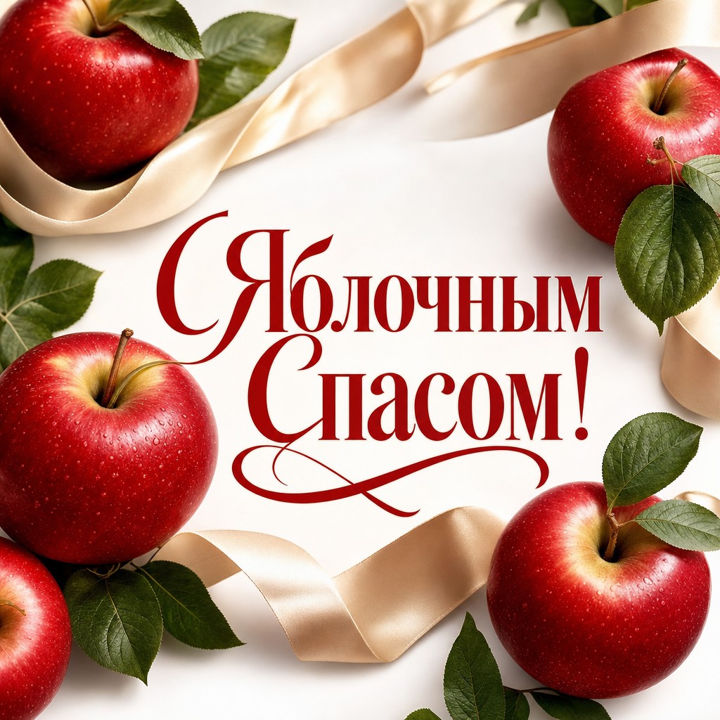 Элегантная открытка с красными яблоками и атласной лентой для Яблочного Спаса.