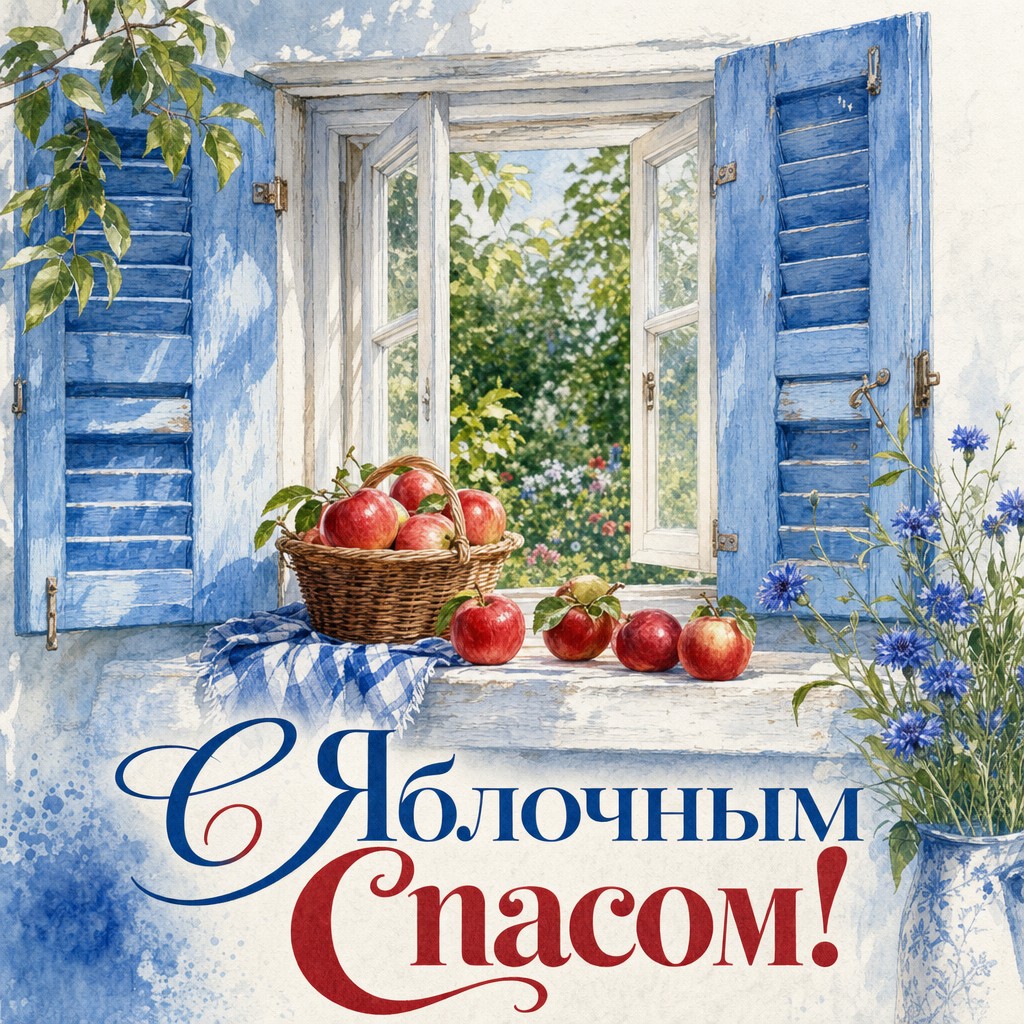 Нежная открытка с деревенским окном и яблоками на подоконнике к Яблочному Спасу.