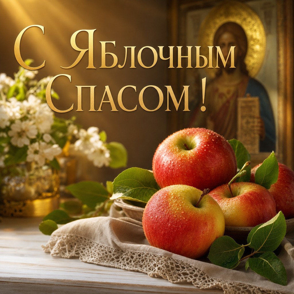 Светлая уважительная открытка с яблоками у иконы для поздравления с Яблочным Спасом.