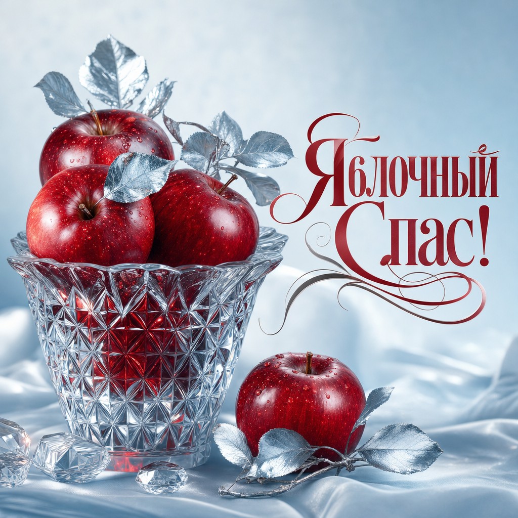 Премиальная открытка с яблоками в хрустальной вазе к Яблочному Спасу.
