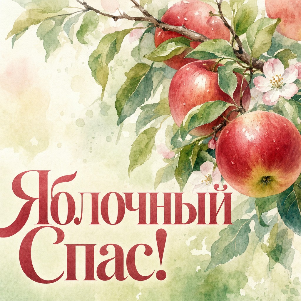 Нежная акварельная открытка с яблоневой веткой и яблоками к празднику Яблочного Спаса.