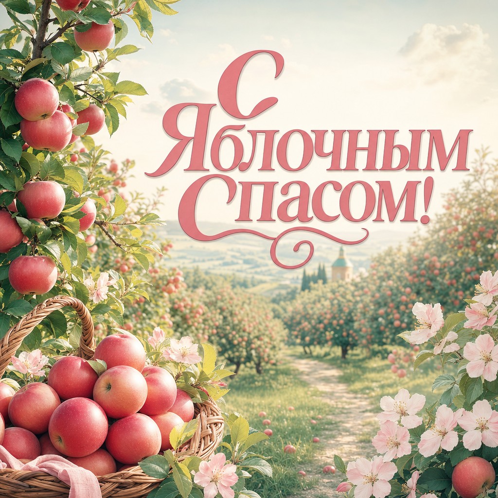 Нежная пастельная открытка с яблоневым садом для поздравления с Яблочным Спасом.