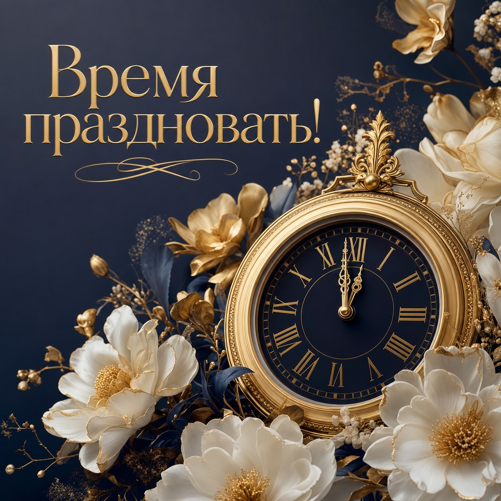 Стильная открытка с юбилеем, изображающая часы и цветы, идеально подходит для поздравлений.