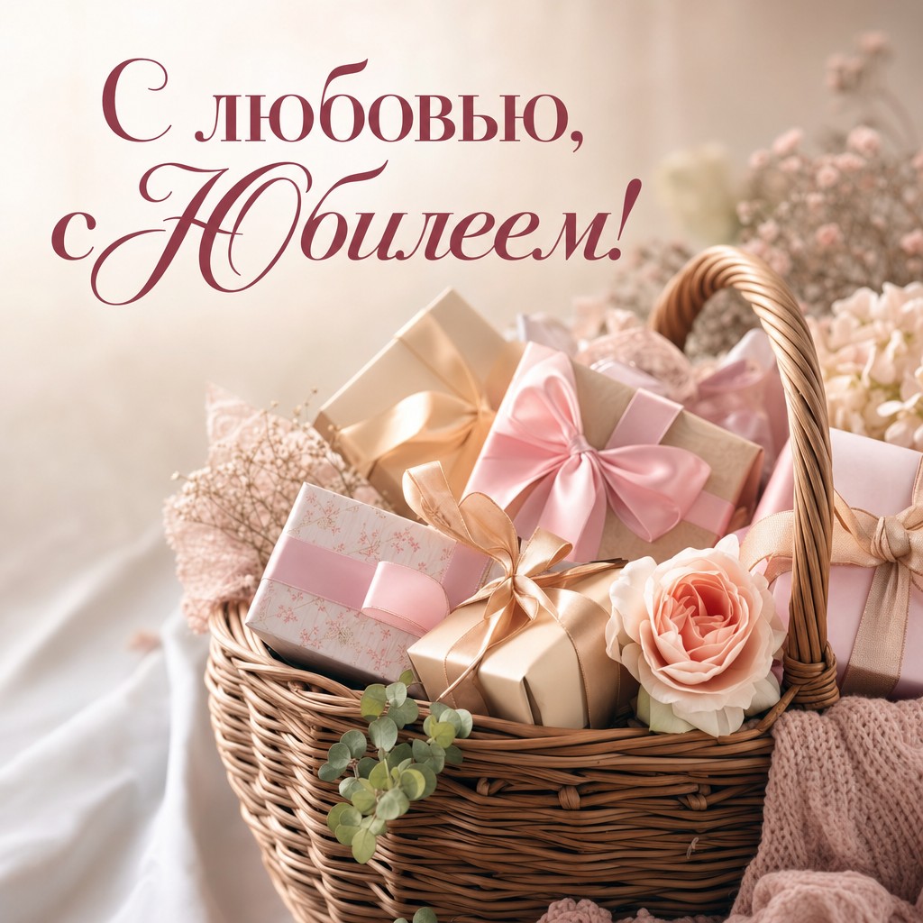 Открытка с юбилеем с подарками, идеальная для поздравления.