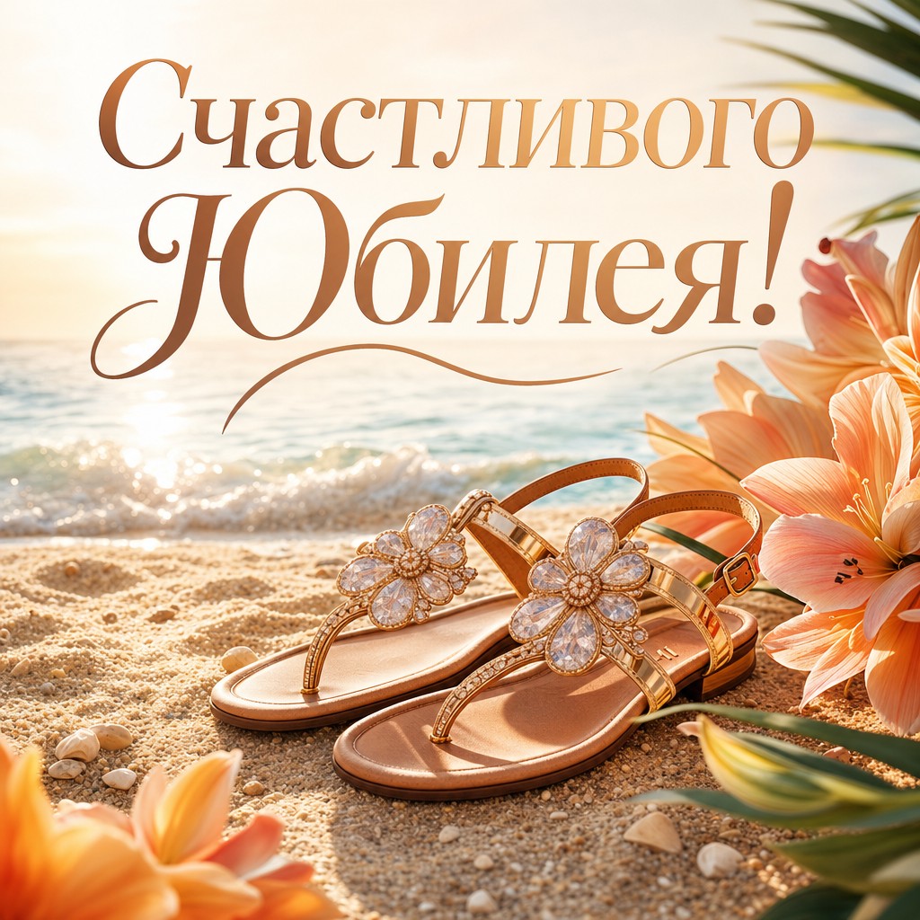 Открытка с юбилеем с летним дизайном сандалий, для тех, кто любит лето.