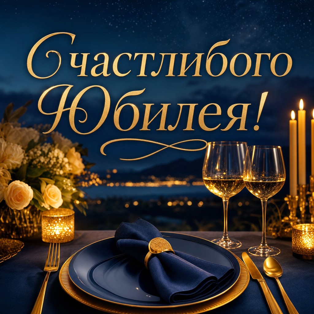 Открытка с юбилеем с элегантным вечерним столом, для особых моментов.