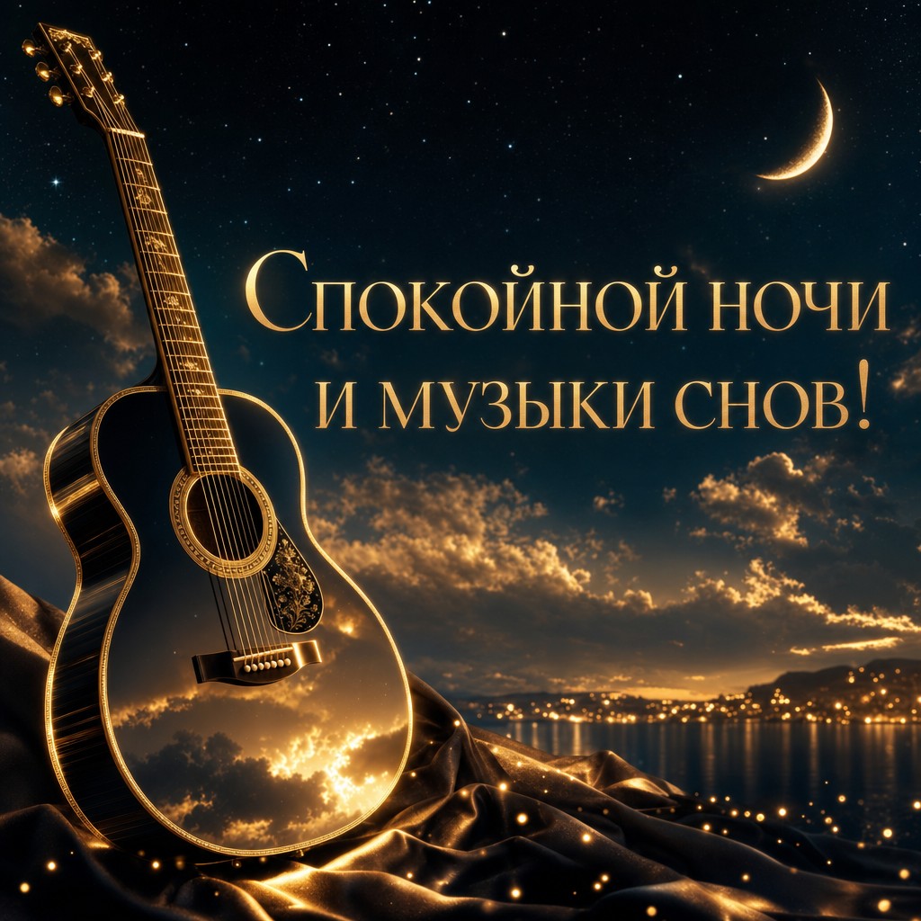 Открытка с гитарой, созданная для желающих спокойной ночи с музыкальным настроением.