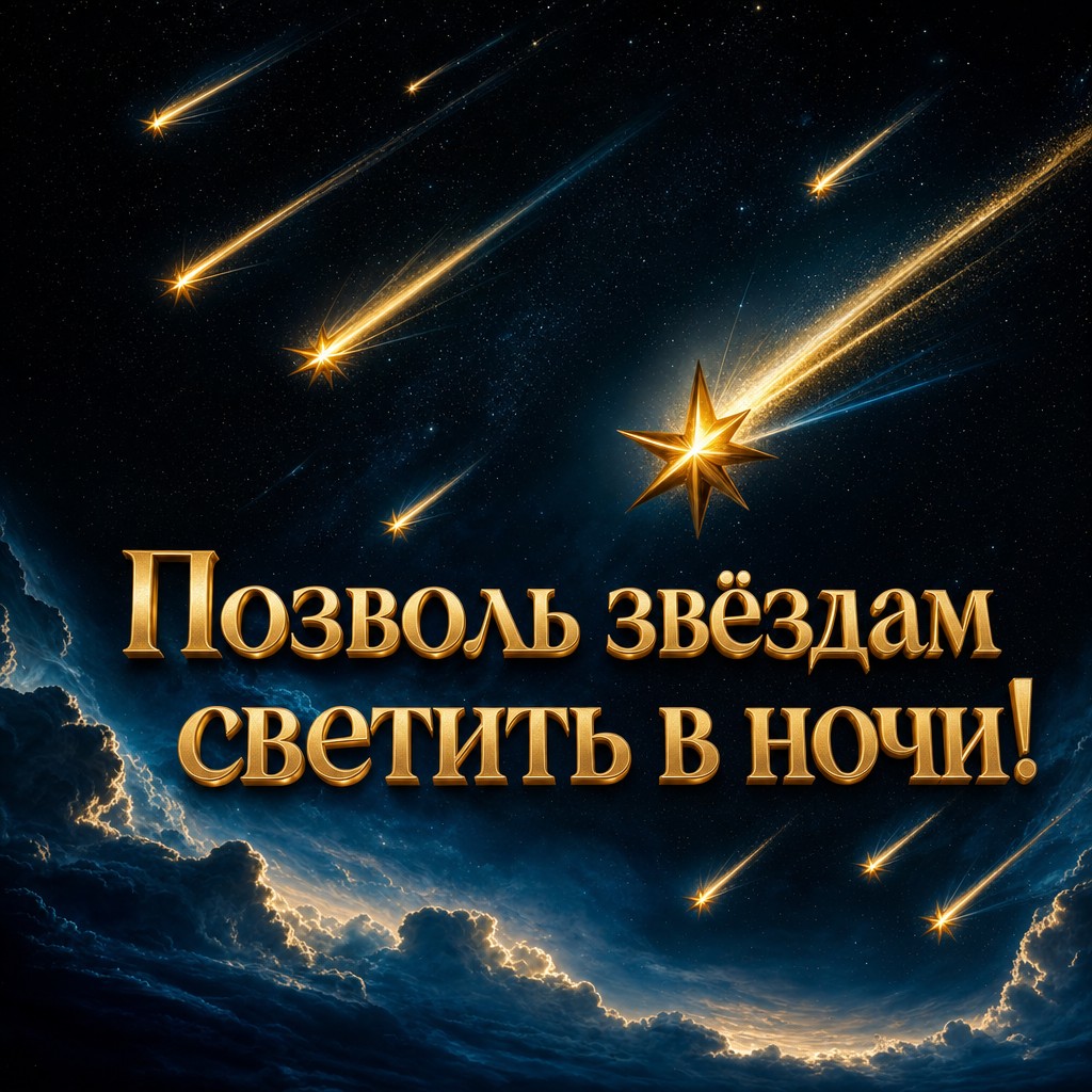 Пожелайте спокойной ночи с красивой открыткой, изображающей метеоры.