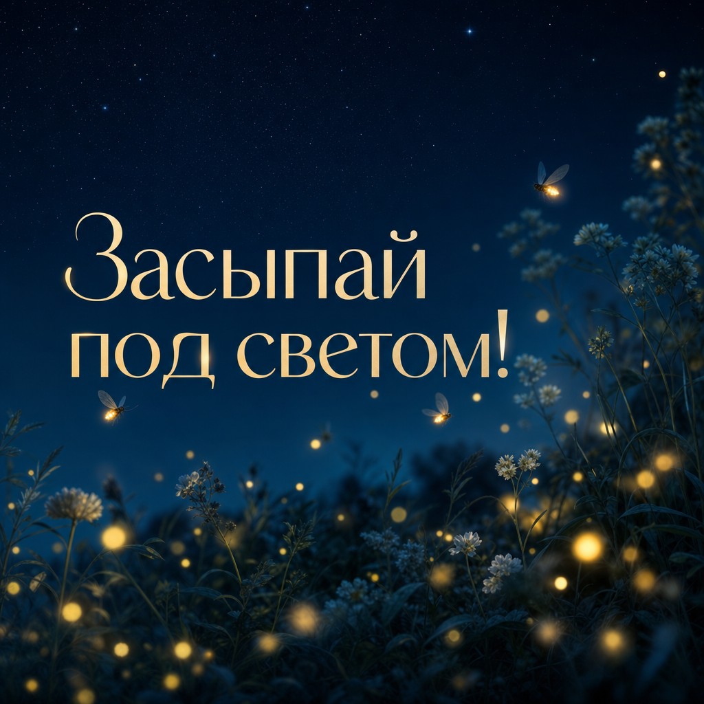 Ночная открытка со светлячками для пожелания спокойной ночи.