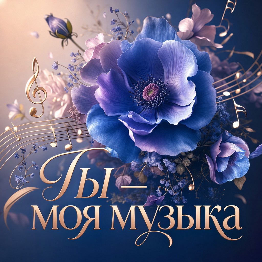 Романтическая открытка с цветком и музыкальными нотами с текстом 'Ты — моя музыка'.