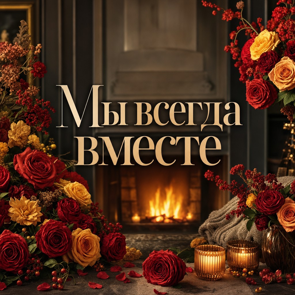 Открытка с теплым камином и цветами для уюта и любви.