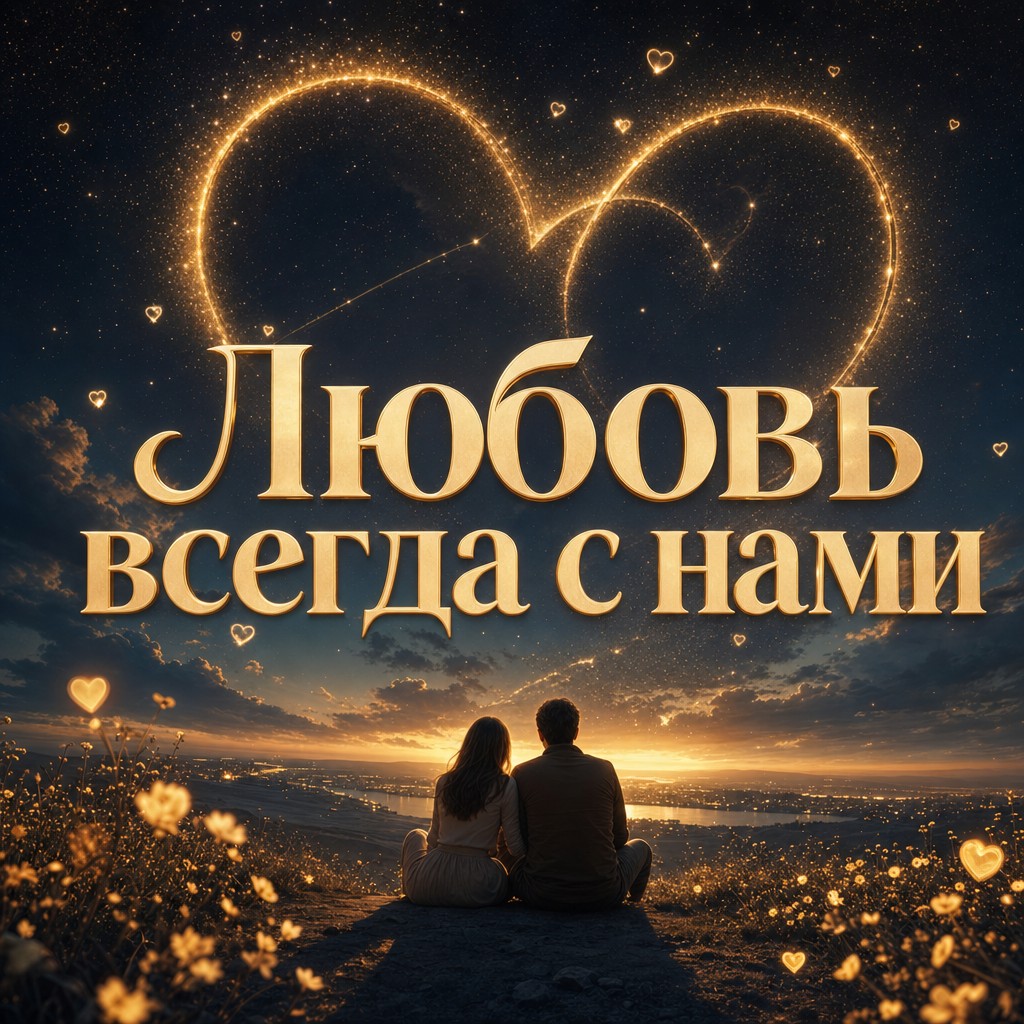 Открытка с сердцами и звёздами на ночном небе для романтиков.