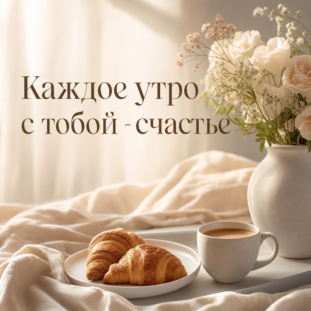 Открытка с уютным завтраком в постели для любимого человека.