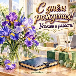 Открытка коллеге с днём рождения — ирисы, ежедневник и подарок Открытка коллеге с днём рождения — ирисы, ежедневник и подарок