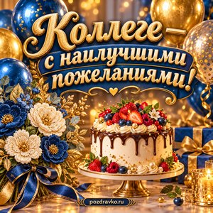 Открытка коллеге на день рождения с наилучшими пожеланиями — торт и синие шары Открытка коллеге на день рождения с наилучшими пожеланиями — торт и синие шары