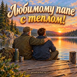 Открытка папе на день рождения «Любимому папе с теплом!» — встреча с сыном у озера Открытка папе на день рождения «Любимому папе с теплом!» — встреча с сыном у озера