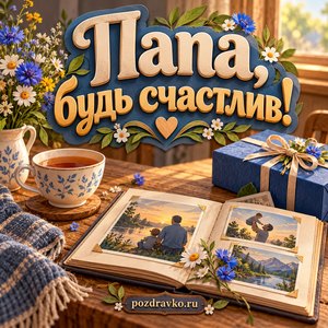 Открытка на день рождения «Папа, будь счастлив!» с семейным альбомом и подарком Открытка на день рождения «Папа, будь счастлив!» с семейным альбомом и подарком