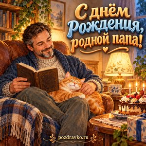 Открытка «С днём рождения, родной папа!» с книгой и рыжим котом Открытка «С днём рождения, родной папа!» с книгой и рыжим котом